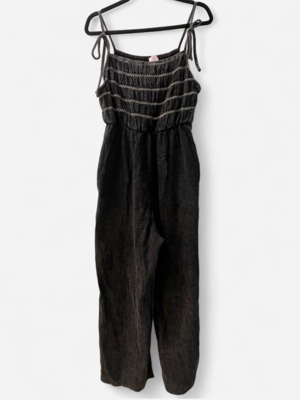 Pink Lily Black Smocked Wide-Leg Jumpsuit with Tie Shoulder Straps